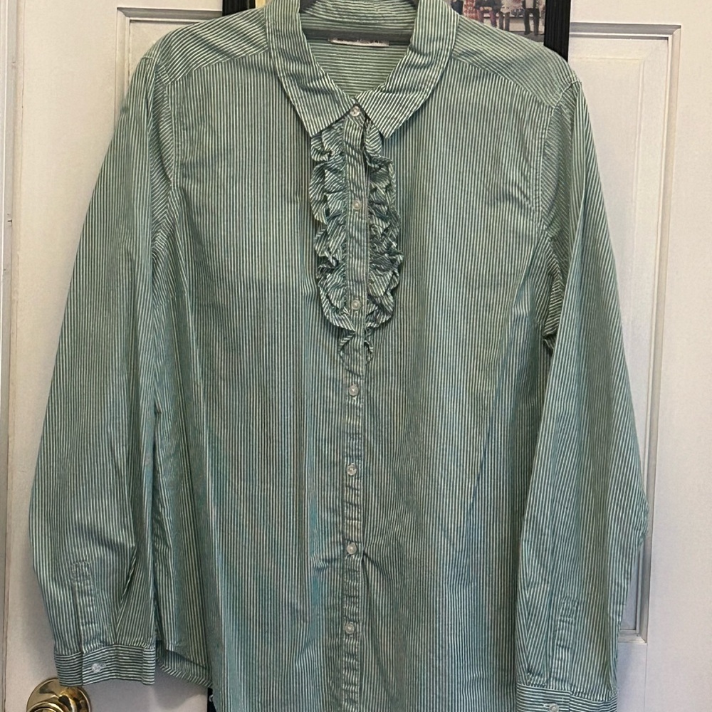 XL Green Striped Ruffle Blouse